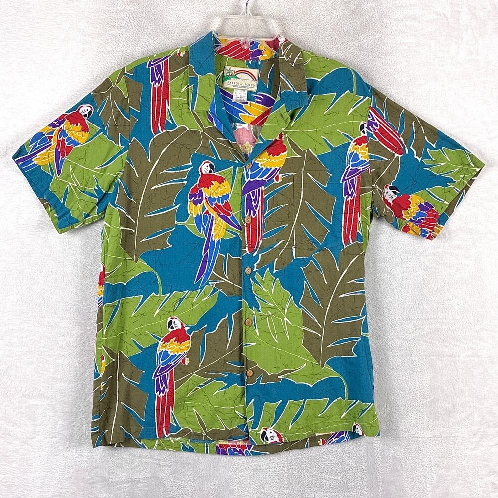 VTG Paradise Found Hawaiian Shirt Men L Blue Green Palm Parrot Magnum PI 80s USA